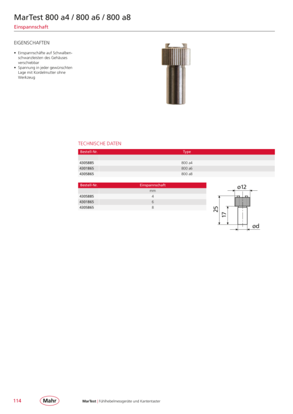 Mahr 800 a8  Einspannschaft, 0 4305865