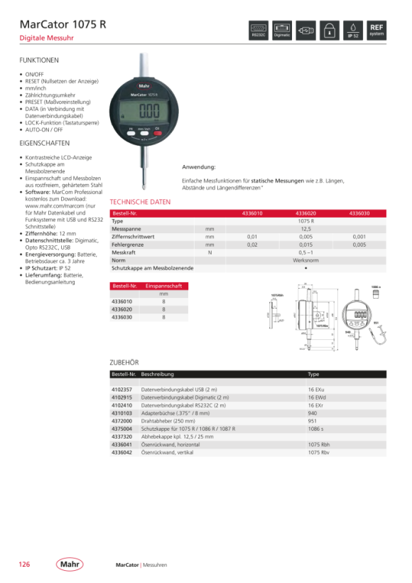 Mahr 1086 Ri Digitale Messuhr 50mm/2” ZW 0,0005mm m.K. 4337626