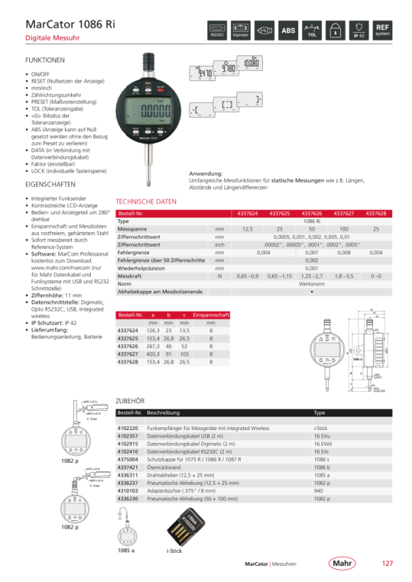 Mahr 1086 Ri Digitale Messuhr 50mm/2” ZW 0,0005mm m.K. 4337626