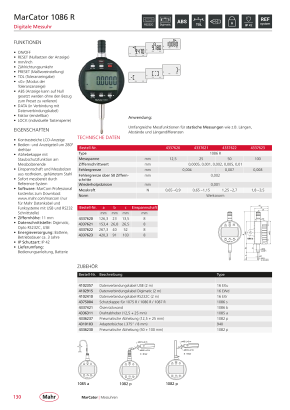 Mahr 1086 R Digitale Messuhr 100mm/4” ZW 0,0005mm m.K. 4337623