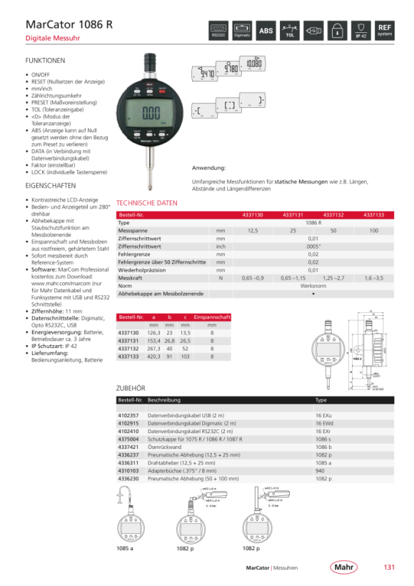 Mahr 1086 R Digitale Messuhr 100mm/4” ZW 0,0005mm m.K. 4337623