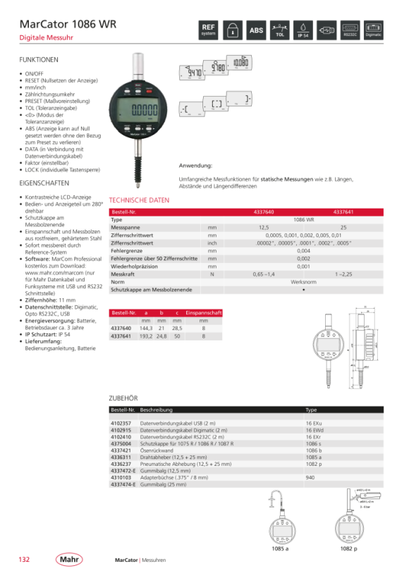 Mahr 1086 R-HR Digitale Messuhr 25mm/1” ZW 0,1µm m.K. 4337698