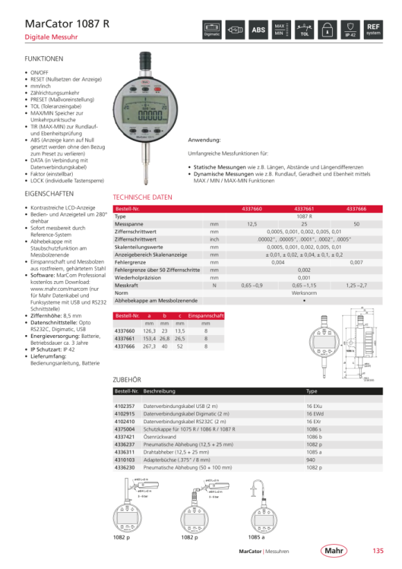 Mahr 1087 Ri Digitale Messuhr 25mm/1” ZW 0,0005mm m.K. 4337665