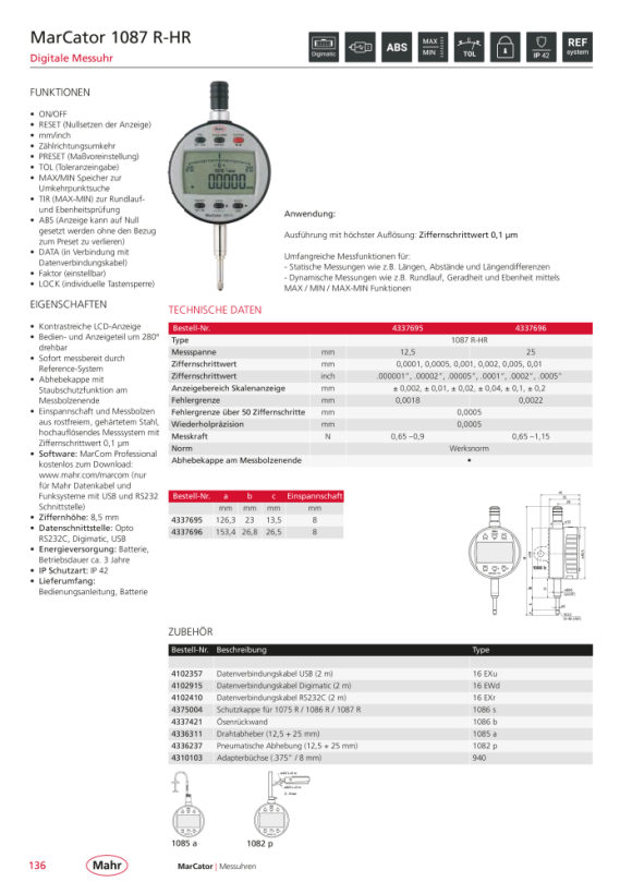 Mahr 1087 R-HR Digitale Messuhr 12,5mm/.5” ZW 0,1µm m.K. 4337695