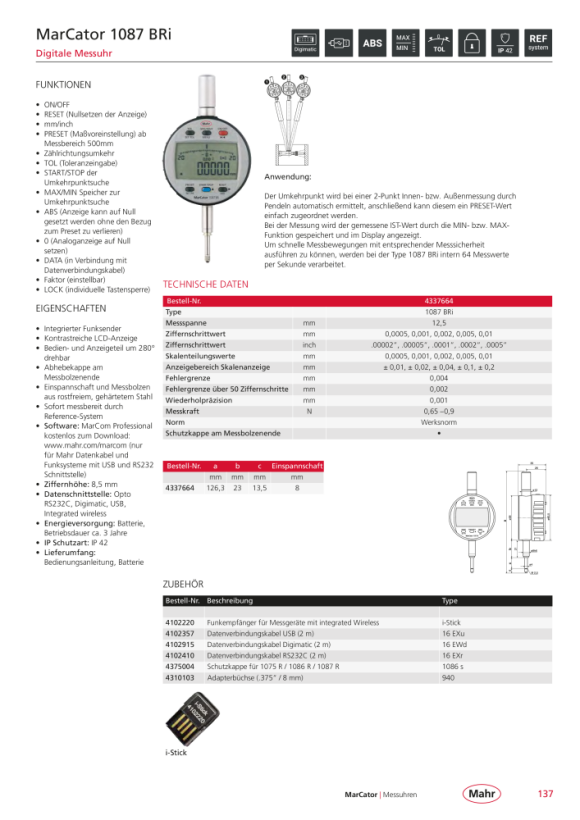 Mahr 1087 R-HR Digitale Messuhr 12,5mm/.5” ZW 0,1µm m.K. 4337695