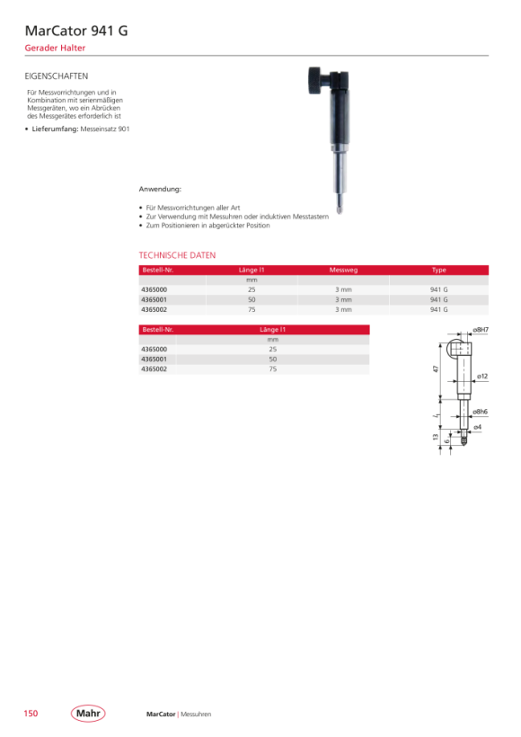 Mahr 941 G Gerader Halter, 50 mm 4365001