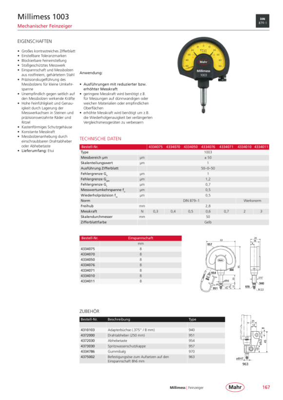 Mahr 1003 Feinzeiger Millimess ±50µm / 1µm 0,4N m.K. 4334070