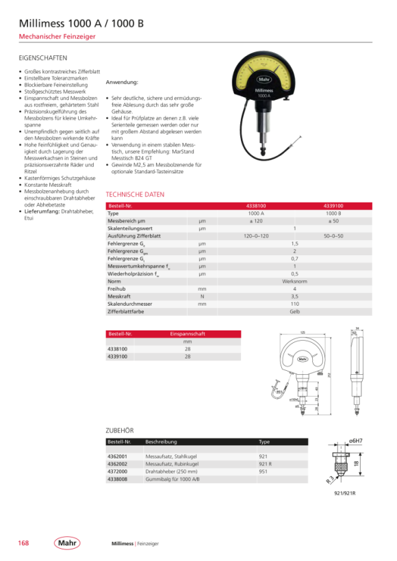 Mahr 1010 T Feinzeiger Millimess ±0,25mm / 0,01mm IP54 m.K. 4332005