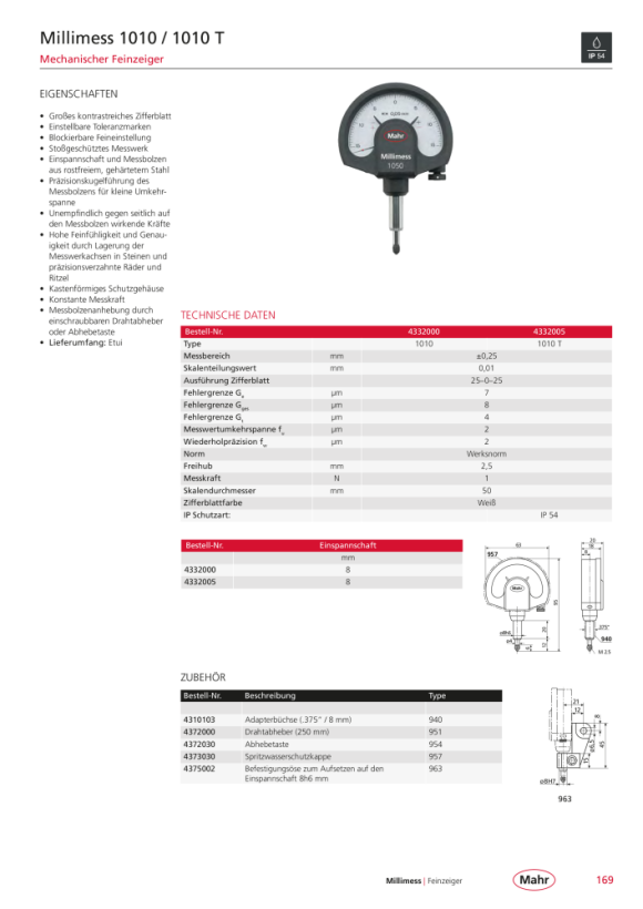 Mahr 1010 T Feinzeiger Millimess ±0,25mm / 0,01mm IP54 m.K. 4332005