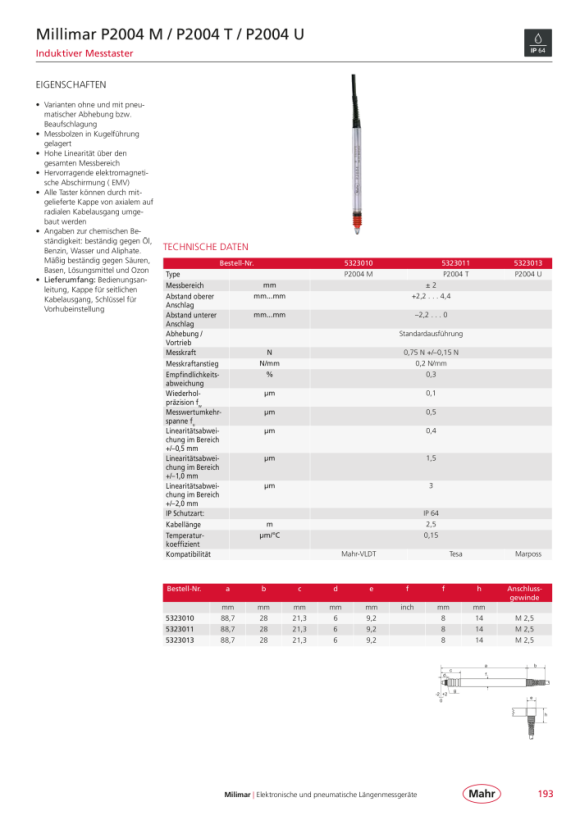 Mahr C2025-M Verläng-Kabel  2,5 m, Ind.Messtaster 5323130