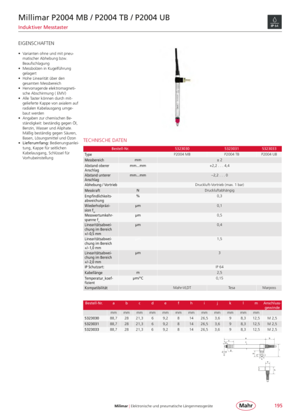 Mahr P2004 UB Induktiver Längenmess taster m. K. 5323033