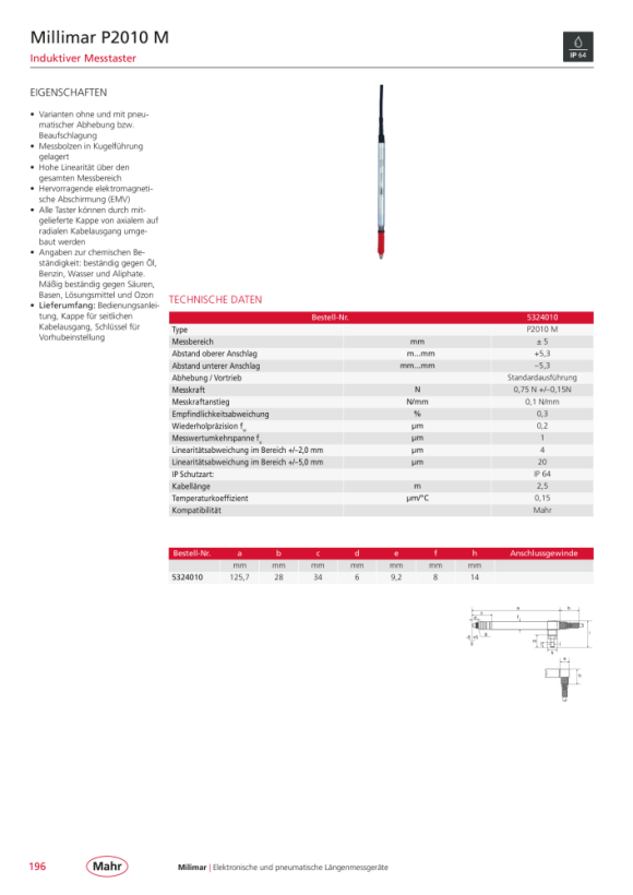 Mahr P2010 UA Induktiver Längenmess taster m. K. 5324023