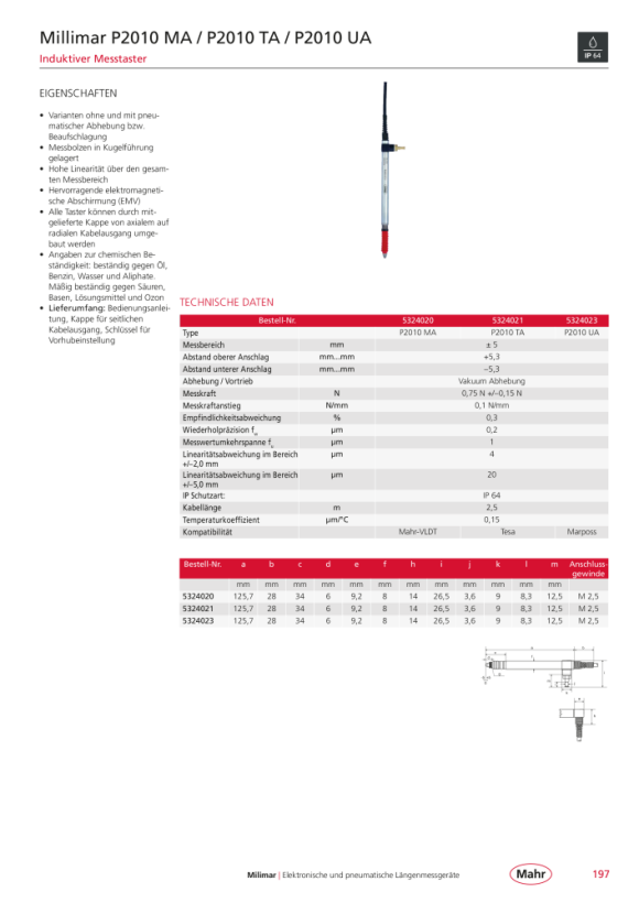 Mahr P2010 UA Induktiver Längenmess taster m. K. 5324023