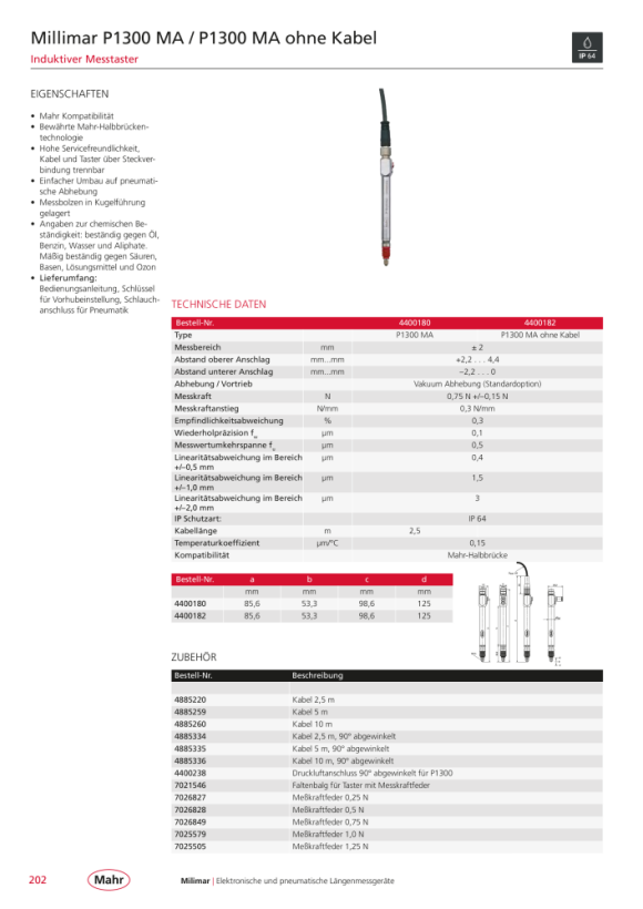 Mahr P1300 MA Inductive probe incl. cable, w. c. 4400180