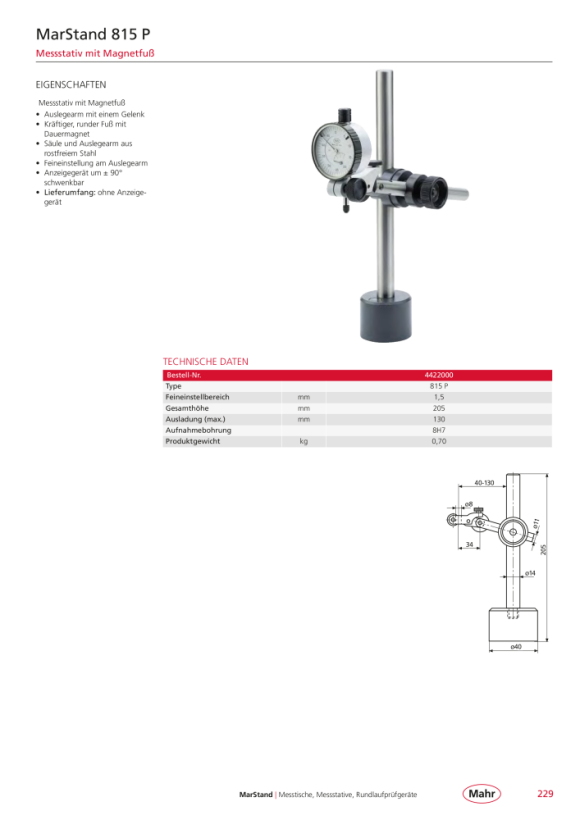 Mahr 815 P stand with round magnetic base 4422000