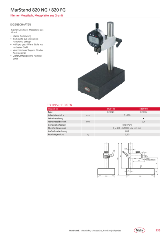 Mahr 820 NG Messtisch 0-130 mm HG-Platte160x100mm Ø 8H7 m.K. 4430100