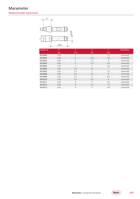 Mahr Messeinsatz mit HM-Rolle Ø 5,0 mm / Ø3,5x15,5mm m.K. 4510211