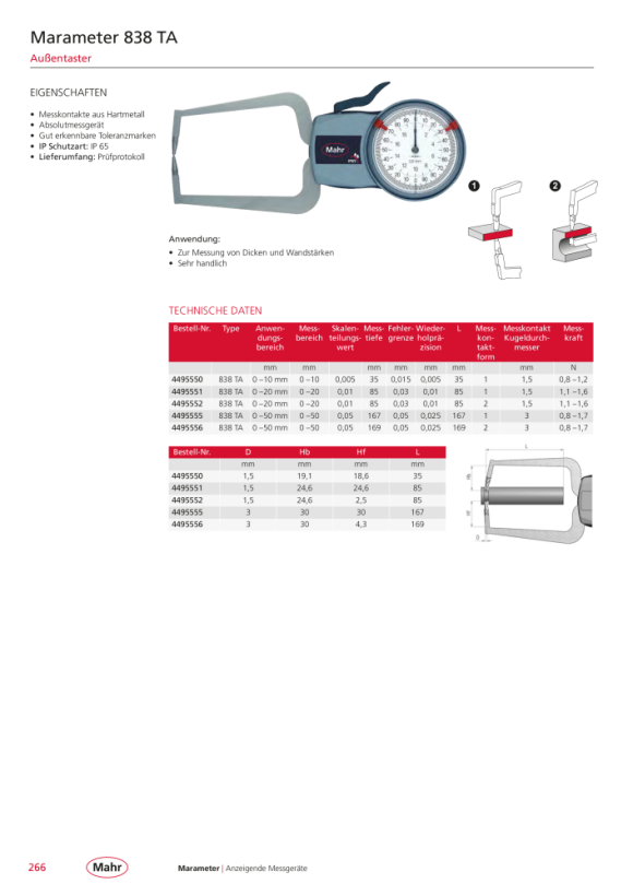 Mahr 838 EA sonda externa 0-20 mm, Zw 0,01 mm profundidad de medición 85 mm 4495452