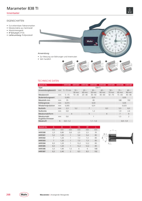 Mahr 838 EI sonda interna 20-40 mm, Zw 0,01 mm profundidad de medición 85 mm 4495462