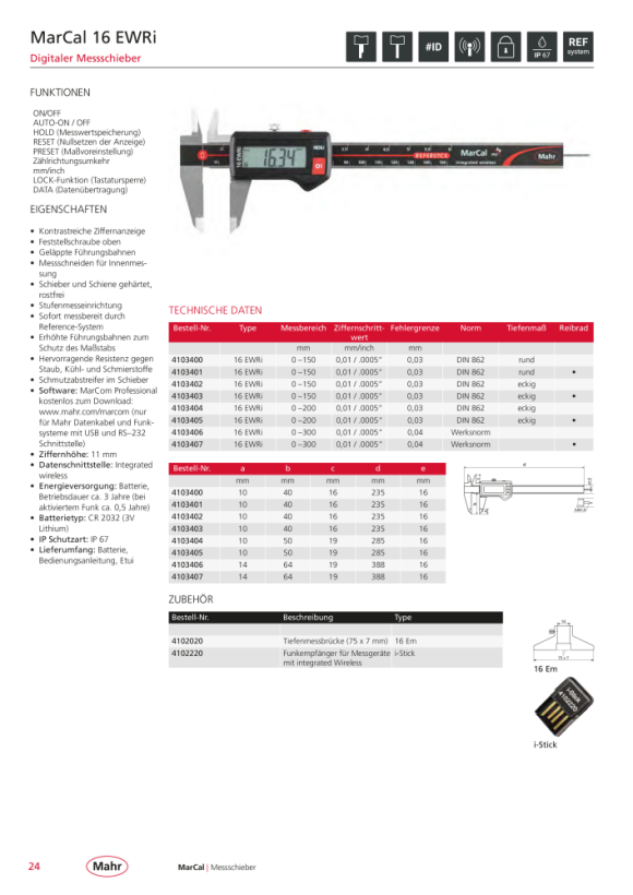 Mahr 16 EWRi Dig. Messschieber 150mm rd.TM Reibr. m.Funk m.K. 4103401