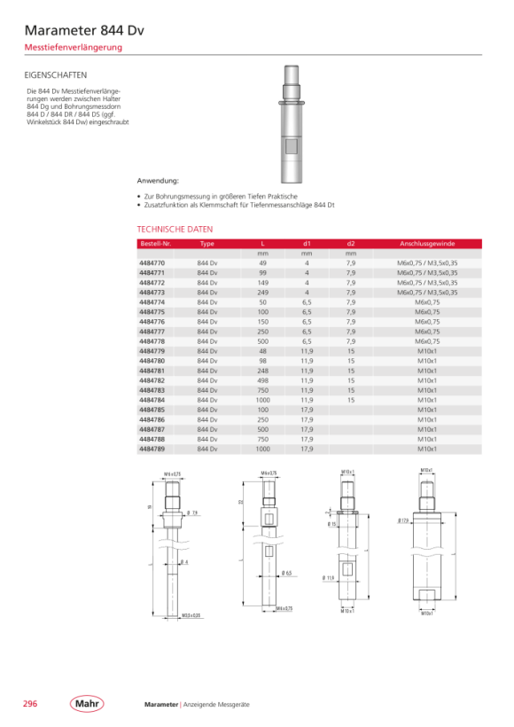 Mahr 844 Dv extensão Ø 18 mm, comprimento 250 mm, M10 x 1 4484786