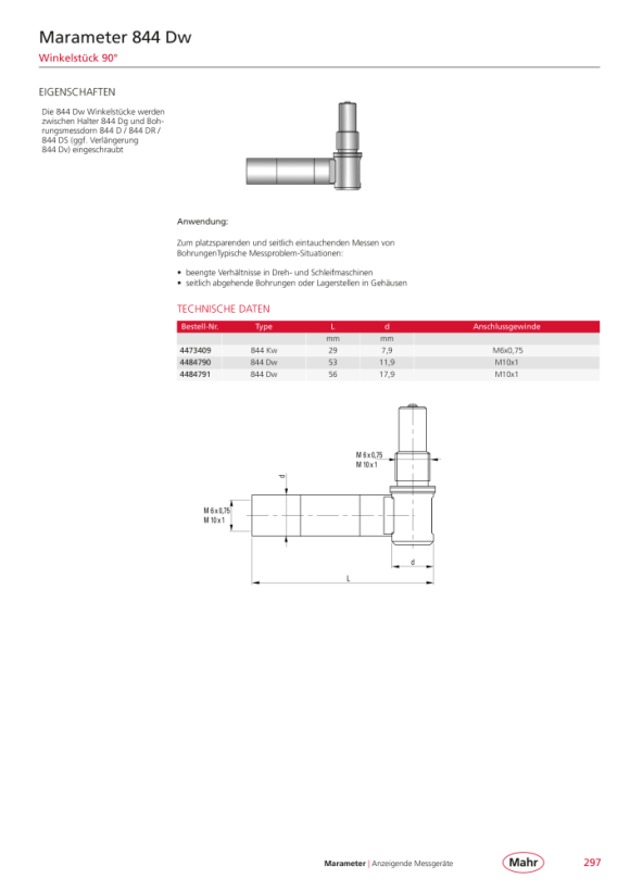 Mahr 844 Prolongación Dv Ø 4 mm, longitud 249 mm, M6 x 0,75 4484773