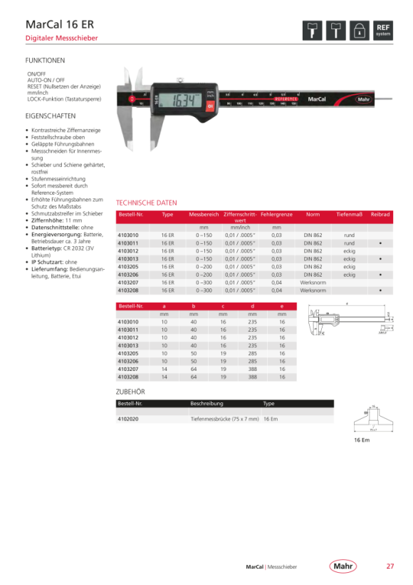 Mahr 16 ER Digitaler Messschieber 150 mm eckiges Tiefenmaß m.K. 4103012