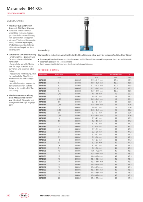 Mahr 844 Sonda KCk Recubrimiento DLC, 8,70 - 9,30 mm 4473155