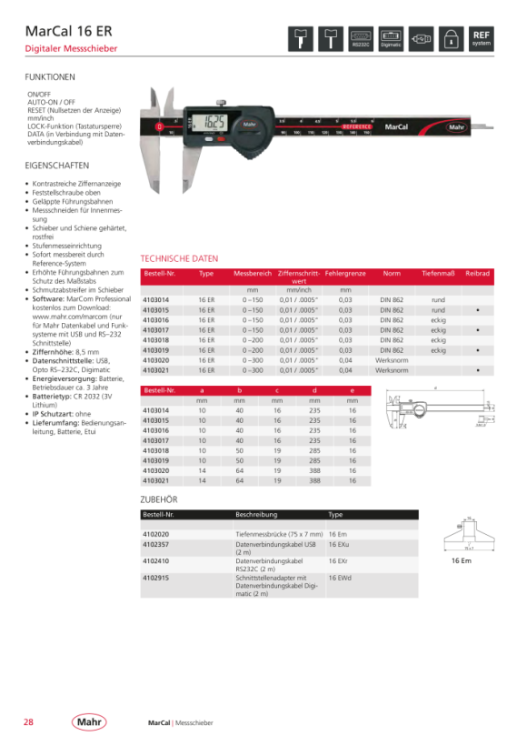 Mahr 16 ER Digitaler Messschieber 300 mm m.DA m.K. 4103020