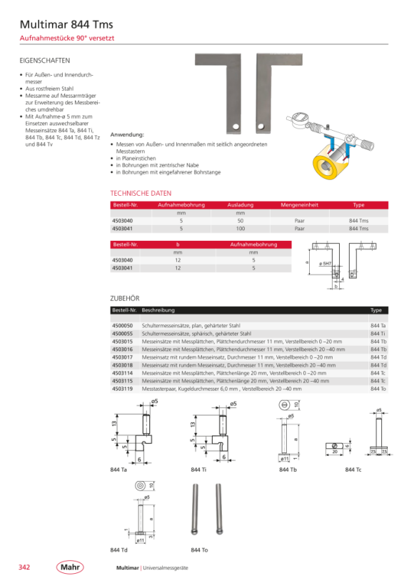 Mahr 844 Ta shoulder measuring inserts plan 4500050