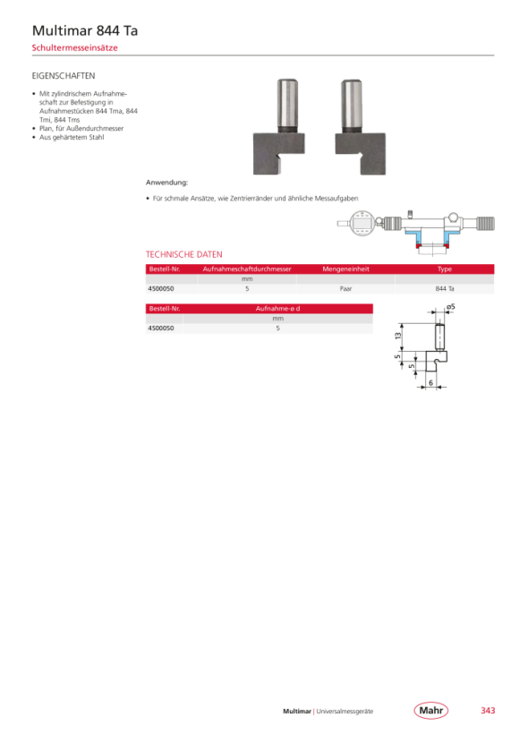 Mahr 844 Ta shoulder measuring inserts plan 4500050