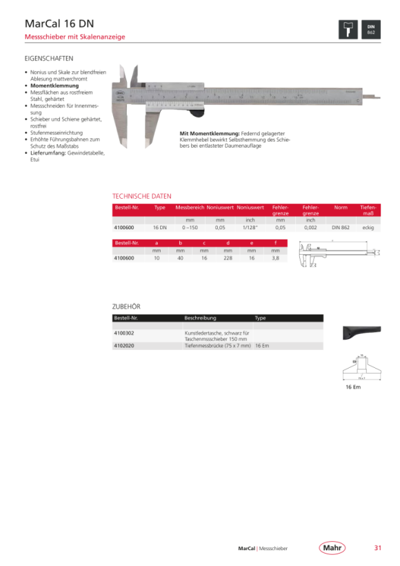 Mahr 16 FN Messschieber 150 mm Nonius 0,05 mm m.K. 4100420