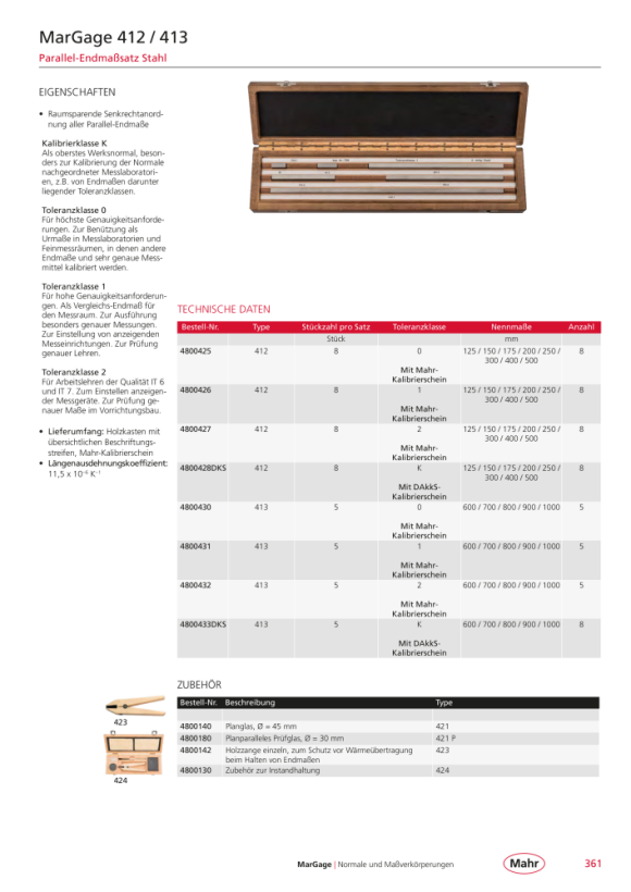 Mahr 413/2 Stahl-Parallel-, Endmaßsatz, 5 Stück 4800432
