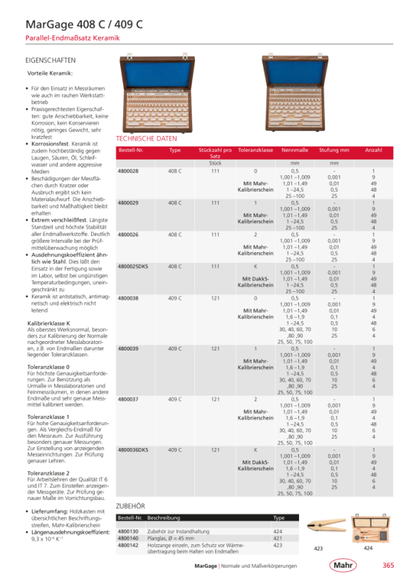 Mahr 408 C/1 Parallelendmaß-Satz 111 Teile aus Keramik m.DK 4800029