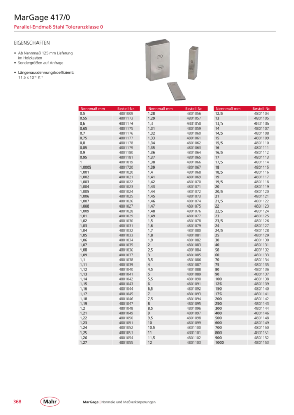 Mahr 417/0 Parallelendmaß Gen. 0 0,7 mm aus Stahl m.K. 4801176