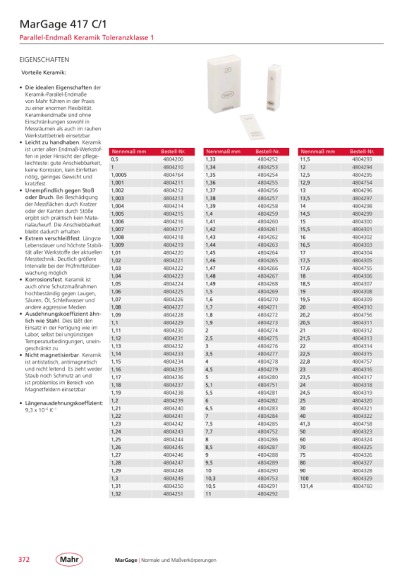 Mahr 417 C/1 Parallelendmaß Gen. 1 17,00 mm aus Keramik m.K. 4804304