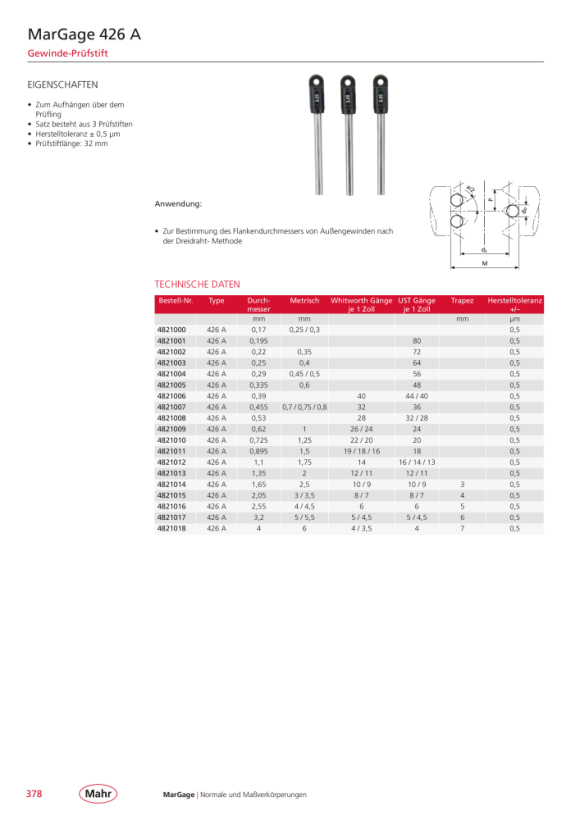 Mahr 426 A Gewindeprüfstifte Ø 0,390 mm m. Aufhängeöse m.K. 4821006