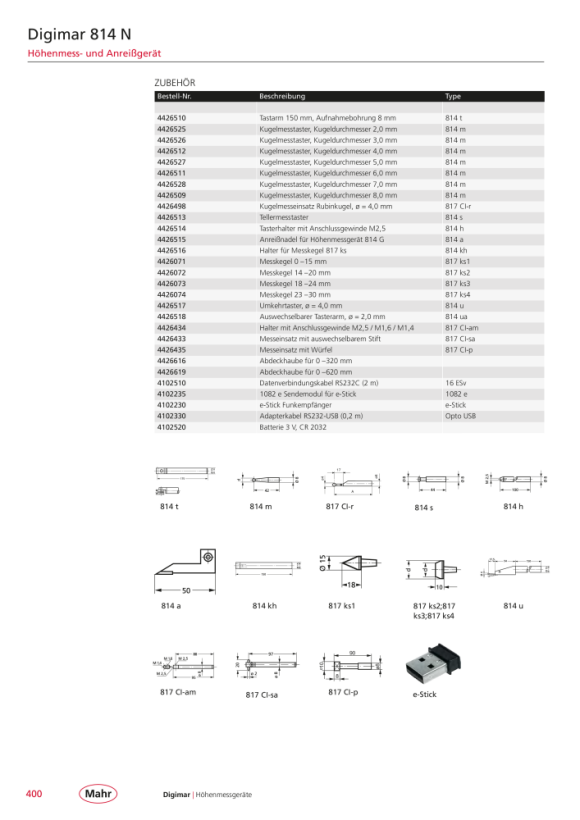 Mahr 814 m Kugelmeßtaster, Kugel-D=8 mm 4426509