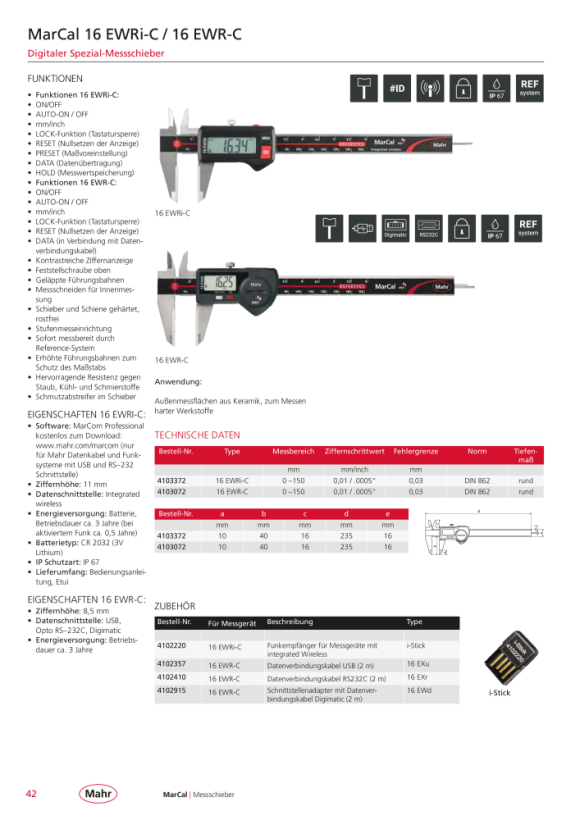 Mahr 16 EWRi-H Dig.Caliper 150mm/6” Carbide tipped iwi w.c. 4103373