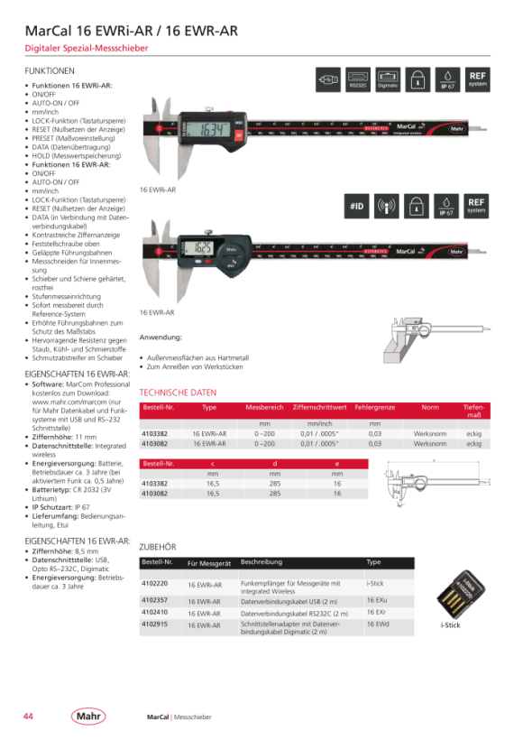 Mahr 16 EWR-AR Digital Caliper 200 mm/8” Data w.c. 4103082