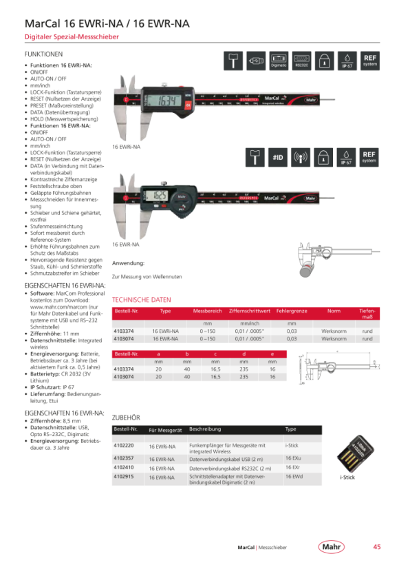 Mahr 16 EWR-AR Digital Caliper 200 mm/8” Data w.c. 4103082