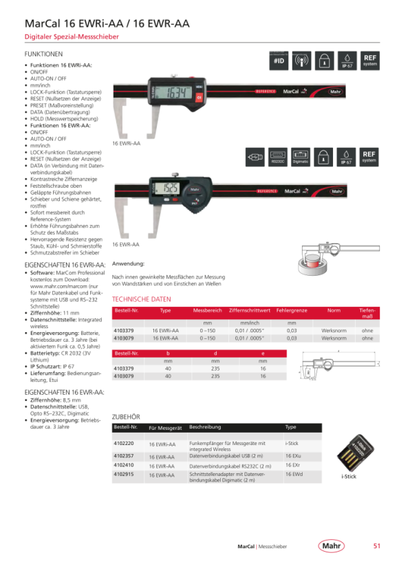 Mahr 16 EWR-AA Digital Caliper 150 mm/6” Data w.c. 4103079