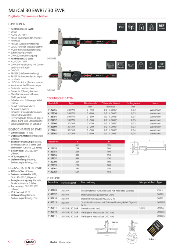 Mahr 30 EWRi Dig.Tiefenmessschieber 500 mm m.Funk m.K. 4126757