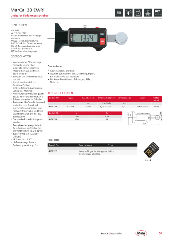 Mahr 30 EWRi Dig.Tiefenmessschieber 500 mm m.Funk m.K. 4126757