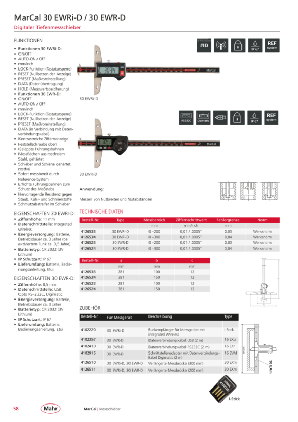 Mahr 30 EWR-D Dig. Tiefenmesssch. 300 mm Doppelhaken m.DA m.K. 4126524