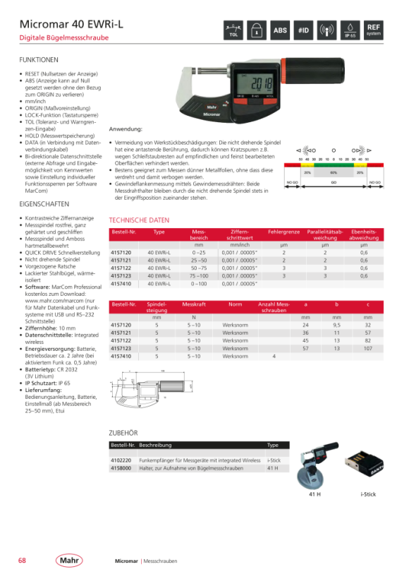 Mahr 40 EWRi-L Dig. Micrometer-Set Set 0-100mm/0-4” iwi w.c. 4157410