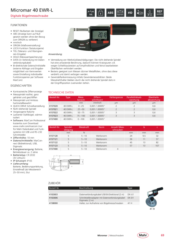 Mahr 40 EWRi-L Dig. Micrometer-Set Set 0-100mm/0-4” iwi w.c. 4157410