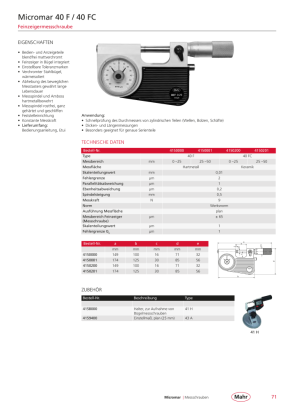 Mahr 40 SA Bügelmessschrauben im Satz 100-200 mm m.K. 4134051