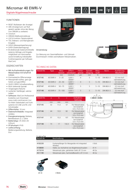 Mahr 40 EWRi-V Dig. Bügelmessschr. 50-75 mm m.Funk m.K. 4157147