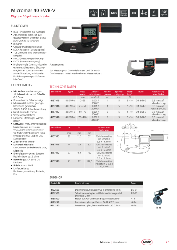 Mahr 40 EWRi-V Dig. Bügelmessschr. 50-75 mm m.Funk m.K. 4157147